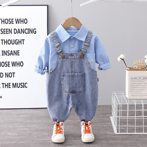 Boy's Long Sleeve Shirt Denim Straps Two-Piece Set